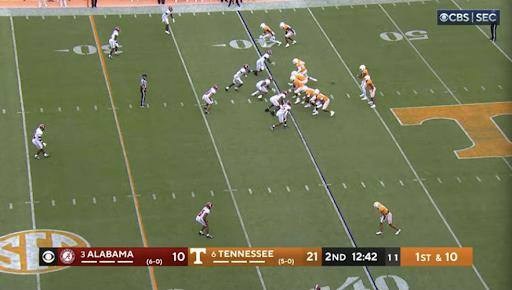 Tennessee’s offense lines up for a play vs. Alabama